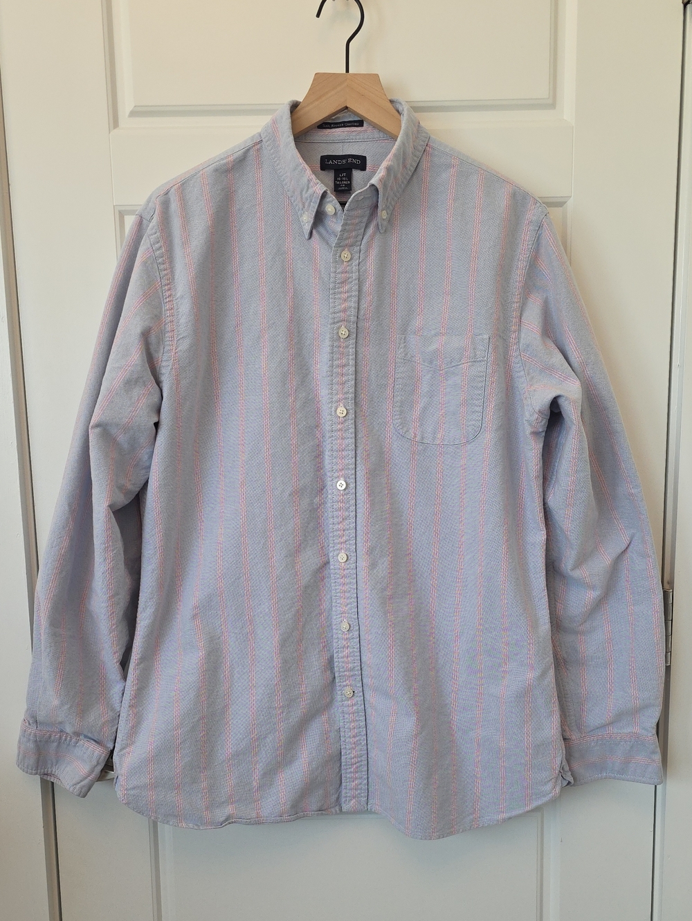 Lands' End - Sail Rigger Oxford Button Down Shirt - Blue/Red Stripe - Large Tall